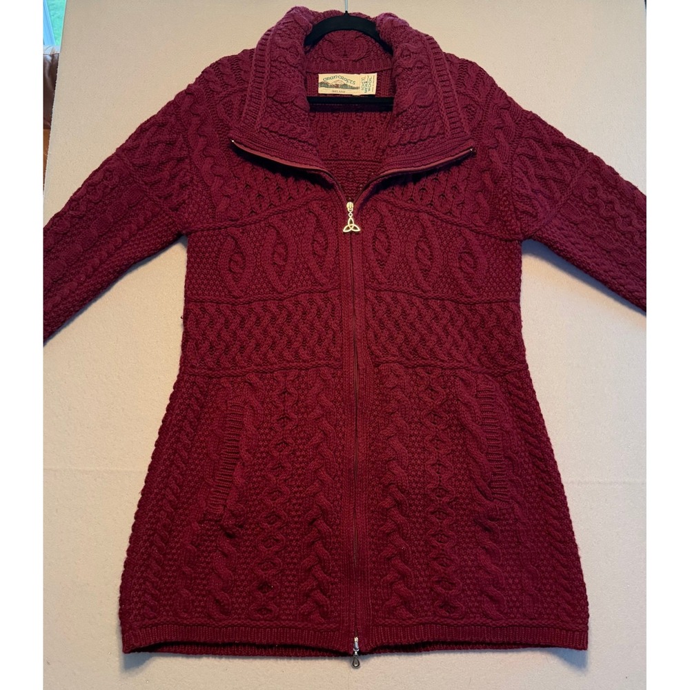 Aran Crafts Full Zip Cable Knit Cardigan Sweater 100% Merino Wool Burgundy Sz XL